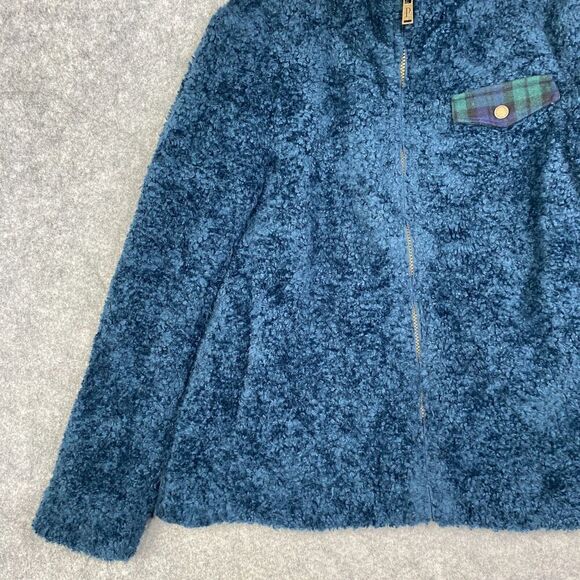 PENDLETON Women’s Sherpa Fleece Deep Pile Blue/Blackwatch Plaid Jacket Sz M - Picture 2 of 12